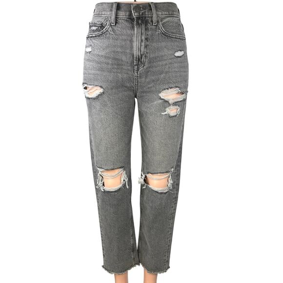American Eagle Black Distressed Real Good High Waist Cropped Mom Denim Jeans 0 - Picture 1 of 5